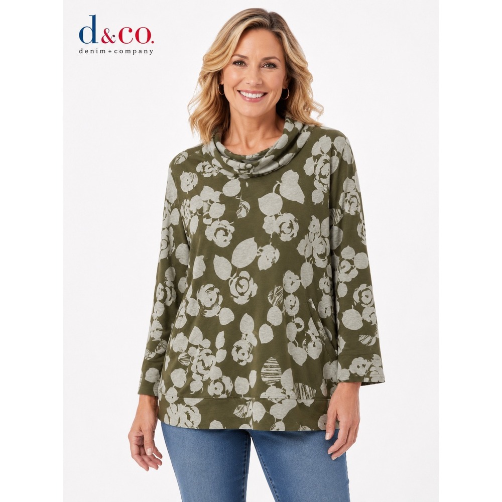 Denim & Co  Womens 1X Olive Green Floral Cowl Neck Pullover Sweatshirt Pockets
